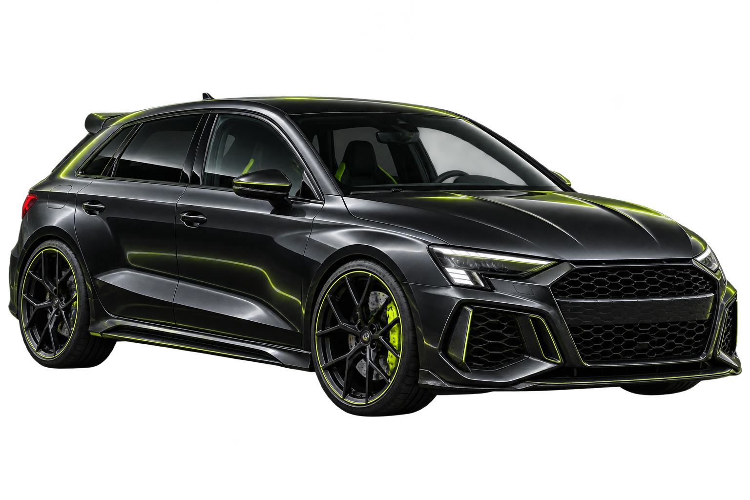 Voiture sportive graphite hyperréaliste présentée en vue trois-quarts